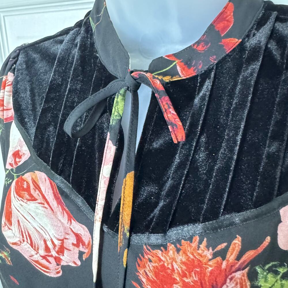 Worthington Floral Peplum Blouse Tie Neck Velvet Yoke Long Sleeve Work Top - Picture 5 of 11